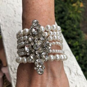 Chico's White Pearl Multi-Strand Bracelet with Crystal Cluster